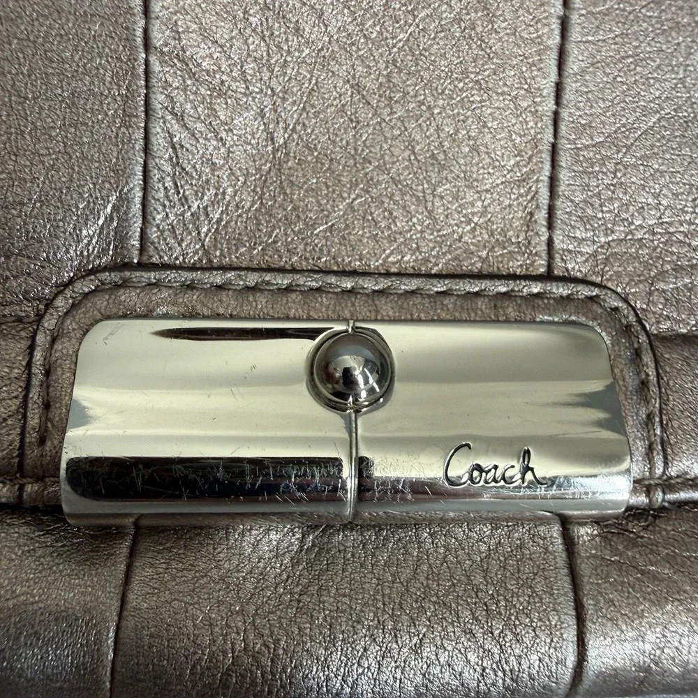 COACH KRISTIN Soft Pebbled Leather Silver Metallic Wristlet Top Handle Mini Bag
